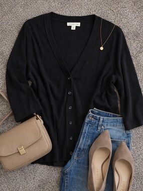 Coldwater Creek Black Cardigan Sweater 1X Button Front Classic 3/4 Sleeve